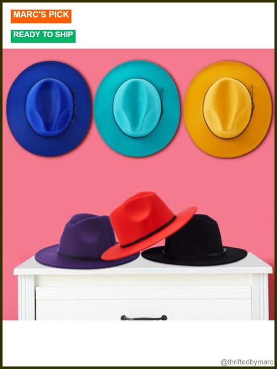 6 Felt Wide Brim Fedora Hats with Belt Buckle - Retro Panama Style main image 5